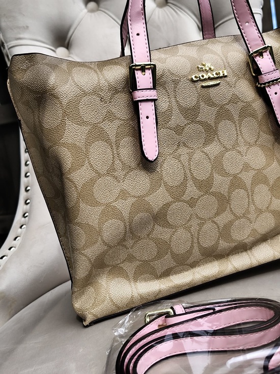 Coach Handbags - Coach Khaki Signature Canvas Tote with Pink Trim